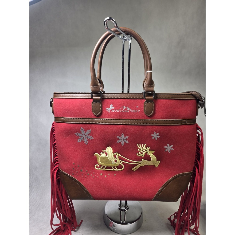 NWT Montana West Christmas Tote Handbag Red Santa Sleigh Reindeer Fringe Bag